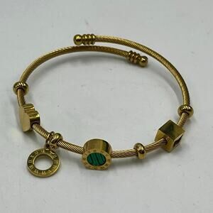 Roman Numeral Geometric Green Charms Gold Tone Stainless Steel‎ Bangle Bracelet
